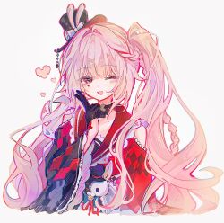  1girl black_choker black_gloves black_hat black_sleeves blush braid choker clothing_cutout collar commentary diamond_(shape) diamond_facial_mark facial_mark gloves grey_hair hand_up hat heart heart_facial_mark highres honkai:_star_rail honkai_(series) long_hair long_sleeves looking_at_viewer mark_under_both_eyes multicolored_hair one_eye_closed open_mouth pink_eyes plaid_clothes plaid_sleeves red_collar red_hair red_sleeves red_streaks ri_pi_o shoulder_cutout simple_background smile sparkle_(honkai:_star_rail) sparxie_(honkai:_star_rail) streaked_hair twintails upper_body v white_background white_hair wide_sleeves 