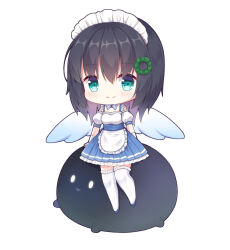  1girl angel angel_wings aoi_erika aoi_erika_(deliverer_of_miracle) apron aqua_eyes arms_behind_back bare_shoulders black_hair blue_dress blush chibi chibi_only closed_mouth commentary detached_sleeves dress eyes_visible_through_hair frilled_apron frilled_dress frilled_sleeves frilled_thighhighs frills hair_between_eyes hair_ornament heaven_burns_red kk0220 looking_at_viewer maid maid_headdress medium_hair narby_(heaven_burns_red) official_alternate_costume pleated_skirt puffy_short_sleeves puffy_sleeves short_sleeves sitting skirt sleeveless sleeveless_dress slime_(creature) smile solo split_mouth tareme thigh-highs waist_apron white_apron white_thighhighs wings zettai_ryouiki 