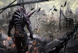  1other abara armor black_armor building clouds cloudy_sky commentary_request debris destruction feet_out_of_frame from_behind gas1 giant giant_monster highres no_humans outdoors scenery science_fiction sky sparks tentacles 