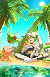  1girl bandaged_arm bandages baniraandk35222 beach berry_(pokemon) black_pants black_shirt cape commentary_request crop_top double_bun figy_berry flygon green_hair ground_miku_(project_voltage) hair_bun hatsune_miku highres indian_style long_hair midriff open_mouth palm_tree pants pokemon pokemon_(creature) project_voltage shirt shoes sitting sky sun trapinch tree twintails vocaloid white_cape white_shoes yellow_eyes 