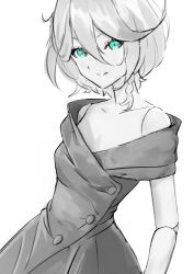  1girl alternate_costume bare_shoulders braid buttons cecilia_immergreen doll_joints dress flat_chest green_eyes greyscale hair_between_eyes highres hololive hololive_english joints looking_at_viewer monochrome original short_hair side_braid simple_background smile solo spot_color upper_body varsien virtual_youtuber white_background 