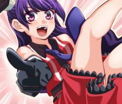  1girl :d ageha_mia black_gloves collared_shirt feet_out_of_frame gloves highres legs_up long_hair looking_at_viewer miniskirt necktie open_mouth pink_background pointing pointing_at_viewer pretty_rhythm pretty_rhythm_dear_my_future pretty_series purple_hair purple_necktie red_shirt red_skirt shirt skirt sleeveless sleeveless_shirt smile solo stra1120 teeth upper_teeth_only violet_eyes 
