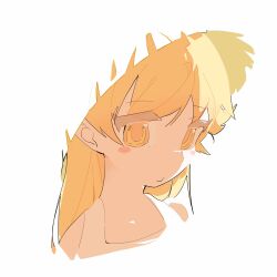  1girl blending blonde_hair blush_stickers closed_mouth commentary_request cropped_shoulders expressionless eyelashes hat highres looking_ahead monogatari_(series) oshino_shinobu pointy_ears simple_background solo sun_hat waaifu6623 white_background yellow_eyes 