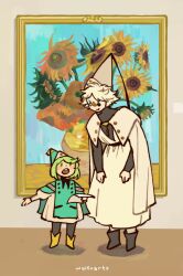  1boy 1girl blue_eyes closed_mouth commentary english_commentary flower green_eyes green_hair hat hat_tassel highres open_mouth painting_(object) qifrey's_atelier_apprentice_uniform qifrey_(tongari_boushi_no_atelier) short_hair sunflower tassel tongari_boushi_no_atelier waifuartz white_hair 