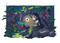  1girl absurdres alternate_costume bird bird_request bird_wings black_hair black_shoes black_sun black_wings bow chest_eye closed_mouth collared_shirt commentary_request doggo_1d34 forest green_bow green_pants hair_bow highres long_hair nature outdoors pants plant pointy_ears red_eyes reiuji_utsuho shirt shoes short_hair short_sleeves signature smile solo sun third_eye touhou twitter_username white_shirt wings 