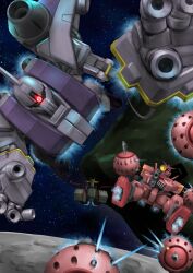  aiming asteroid battle beam_cannon beam_rifle bit_(gundam) cable color_variation commentary_request crater energy_gun finger_cannon fusion glowing glowing_eye gundam gundam_gihren_no_yabou gundam_gquuuuuux highres hiraken kikeroga_(gquuuuuux) mecha mecha_focus mobile_armor mobile_suit mobile_suit_gundam moon nebula no_humans original red_eyes red_gundam redesign robot rx-78-2_gundam_casval_custom science_fiction scope solomon_(asteroid) space spacecraft star_(sky) thrusters v-fin vernier_thrusters weapon white_base yellow_eyes zeon zeong zero_gravity 