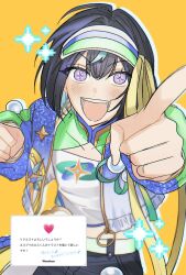  +_+ 1boy black_hair blue_jacket blush clenched_hand commentary cowboy_shot crop_top ensemble_stars! hair_between_eyes highres index_finger_raised jacket male_focus multicolored_hair open_clothes open_jacket open_mouth outstretched_arm pointing pointing_at_viewer sagiri_esu simple_background smile solo streaked_hair teeth violet_eyes visor_cap wavebox yam_i_na_be yellow_background 