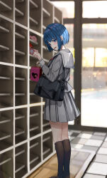  1girl absurdres bag black_bag black_socks blue_eyes blue_hair blush box candy chocolate clothing_cutout commentary_request facing_to_the_side food from_side full_body getabako gift gift_box grey_shirt heart heart-shaped_chocolate heart-shaped_food heart_cutout highres holding holding_gift indoors kiritani_haruka kneehighs long_sleeves looking_at_object neckerchief neu_33 no_shoes nose parted_lips pleated_skirt project_sekai red_neckerchief sailor sailor_collar shirt short_hair shoulder_strap sidelocks skirt smile socks solo standing tile_floor tiles valentine white_sailor_collar 