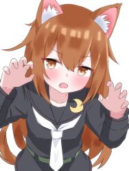  1girl animal_ear_fluff animal_ears black_sailor_collar black_serafuku black_shirt black_skirt blush brown_eyes brown_hair cat_ears collarbone commentary crescent crescent_pin double-parted_bangs fang from_above hair_between_eyes highres kantai_collection long_hair long_sleeves looking_at_viewer matu_(matu19) mochizuki_(kancolle) open_mouth paw_pose redrawn sailor_collar school_uniform serafuku shirt sidelocks simple_background skirt solo upper_body very_long_hair white_background 
