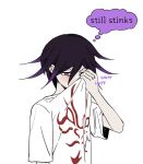  1boy black_hair borrowed_clothes clothes_lift danganronpa_(series) danganronpa_v3:_killing_harmony hand_up highres looking_down male_focus miri_(bossu_osu) multicolored_hair ouma_kokichi pale_skin pink_eyes purple_hair shirt_lift short_sleeves simple_background solo spiky_hair thought_bubble two-tone_hair white_background 