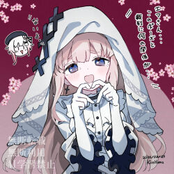 2girls :d attoyamada blonde_hair cherry_blossoms chibi chibi_inset commentary_request cross cross_earrings dress earrings gloves hands_up heart heart_hands highres hikami_meruru jewelry long_hair long_sleeves looking_at_viewer mahou_shoujo_no_majo_saiban multiple_girls open_mouth priestess sakuraba_ema smile solo_focus translation_request upper_body veil white_dress white_gloves white_veil 