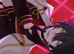  1boy black_gloves black_hair blue_eyes choker commentary_request ensemble_stars! gloves hair_between_eyes hand_up heterochromia highres kagehira_mika lam_(ll2uh2) long_sleeves looking_at_viewer lower_teeth_only male_focus official_alternate_costume open_mouth short_hair solo teeth upper_body yellow_eyes 