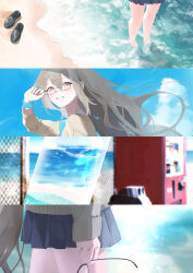  1girl absurdres adjusting_eyewear akane_(blue_archive) akane_(school_uniform)_(blue_archive) barefoot beach blue_archive blue_bow blue_bowtie blue_skirt blue_sky bottle bow bowtie brown_cardigan brown_eyes brown_hair cardigan chain-link_fence clouds collage commentary_request day fence floating_hair glasses grin hand_on_eyewear highres holding holding_removed_eyewear long_hair multiple_views ocean outdoors pincurchin_gi pleated_skirt sand scrunchie shoes skirt sky smile trash_can unworn_eyewear unworn_shoes wading water_bottle wrist_scrunchie 