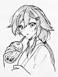  1girl absurdres bag collared_shirt commentary_request fu_hua hair_ornament hairclip highres holding honkai_(series) honkai_impact_3rd long_hair long_sleeves looking_at_viewer marker_(medium) milk_tea mon_momu monochrome necktie photo_(medium) ponytail shirt shoulder_bag solo traditional_media upper_body 