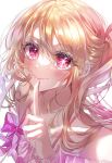  1girl absurdres bare_shoulders blonde_hair blush closed_mouth collarbone commentary_request dress finger_to_mouth frills highres hoshino_ruby idol long_hair oshi_no_ko pinapo_25 pink_dress red_eyes red_nails smile solo star_(symbol) star_in_eye symbol_in_eye 