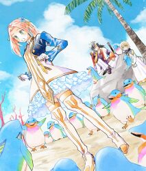  1girl 2boys ahoge armor beach bird black_hair black_sandals blonde_hair blue_jacket blue_sky blue_sleeves boots breasts closed_eyes clouds collar commentary_request creature cropped_jacket day dress eleanor_hume enoki_(megaclam) fingerless_gloves frilled_dress frills gloves gold_trim green_eyes hair_ornament hairpin highres holding holding_creature jacket japanese_armor japanese_clothes laphicet_(tales) light_blush long_hair metal_collar multiple_boys multiple_hairpins on_rock open_mouth outdoors palm_tree penguin pengyon_(tales) pink_hair purple_socks robe rokurou_rangetsu sand sandals short_hair short_twintails sitting sky small_breasts smile socks standing tales_of_(series) tales_of_berseria thigh_boots tree twintails white_boots white_dress white_gloves white_robe 