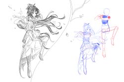  1girl absurdres boots chinese_clothes chinese_commentary closed_mouth commentary_request facial_mark fighting_stance floating_hair flower forehead_mark full_body greyscale hair_branch hair_bun hair_flower hair_ornament hanfu highres holding holding_sword holding_weapon jian_(weapon) leg_up lineart long_hair looking_to_the_side mole mole_above_eye monochrome pants paper_heron reverse:1999 sketch_inset smile solo standing standing_on_one_leg sword very_long_hair weapon white_background xiaoxiaowu 