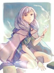  1girl book border breasts cape closed_mouth fire_emblem fire_emblem:_path_of_radiance green_shirt highres ilyana_(fire_emblem) leaf_(esabacoo) lightning long_hair looking_at_viewer magic outside_border pink_cape purple_hair purple_skirt shirt skirt small_breasts solo violet_eyes 