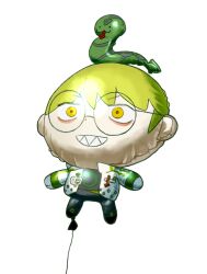  absurdres arrow_(symbol) balloon chaojufei character_request commentary_request green_hair highres hijinrui_gakuen object_focus round_eyewear sharp_teeth simple_background smile snake string teeth white_background 