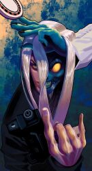  1boy absolute_batman absolute_dc black_nails colored_skin commentary dc_comics english_commentary fingernails gilded_mascaraline green_skin gun hair_between_eyes handgun highres holding holding_gun holding_weapon long_hair looking_at_viewer male_focus multicolored_skin poker_chip solo split_theme teeth two-face_(absolute_dc) two-tone_skin weapon white_hair yellow_eyes 