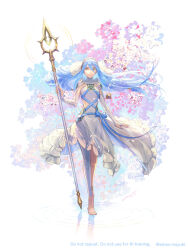  1girl amao_miyuki anklet azura_(fire_emblem) blue_hair cherry_blossoms closed_mouth clothes_lift clothing_cutout dress dress_lift elbow_gloves english_commentary falling_petals fingerless_gloves fire_emblem fire_emblem_fates floating_hair floral_background full_body glint gloves glowing glowing_weapon hair_between_eyes halo headdress highres holding holding_polearm holding_weapon jewelry long_hair looking_at_viewer necklace object_with_halo pantyhose pendant petals pink_petals polearm ripples side_cutout signature single_leg_pantyhose smile solo spear standing tumblr_username veil very_long_hair weapon white_dress white_gloves white_pantyhose white_petals white_veil yellow_eyes 