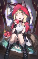  1girl absurdres animal_ear_fluff animal_ears apple arknights arknights:_endfield black_boots black_choker black_gloves blonde_hair boots cape choker commentary_request dress ears_through_headwear erulusyro fingerless_gloves food fruit gloves highres holding holding_food holding_fruit hood hood_up hooded_cape jewelry looking_at_viewer low-tied_sidelocks lower_teeth_only necklace open_mouth red_cape rossi_(arknights) sidelocks sitting solo tail teeth tooth_necklace white_dress wolf_ears wolf_girl wolf_tail yellow_eyes 