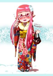  1girl blush highres inkling japanese_clothes kimono long_hair long_sleeves looking_at_viewer miraxth523 open_mouth pink_eyes pink_hair pointy_ears sash simple_background smile solo splatoon_(series) tentacle_hair translation_request wide_sleeves 