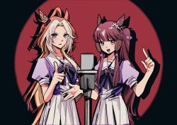 2girls ahoge animal_ears ark_koiz35 blue_eyes blunt_bangs blush bow bowtie breasts brown_hair collarbone commentary_request ear_covers hair_between_eyes hair_ornament highres horse_ears horse_girl horse_tail long_hair looking_at_viewer lucky_lilac_(umamusume) microphone microphone_stand multicolored_hair multiple_girls open_mouth orange_hair orfevre_(umamusume) pleated_skirt puffy_short_sleeves puffy_sleeves purple_bow purple_bowtie purple_shirt sailor_collar sailor_shirt school_uniform shirt short_sleeves side_ponytail single_ear_cover skirt smile tail teeth tracen_school_uniform two-tone_hair umamusume umamusume_horse_relations upper_teeth_only violet_eyes white_hair white_sailor_collar white_skirt 