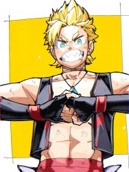  1boy black_gloves black_vest blonde_hair border collarbone commentary_request forked_eyebrows garfiel_tinsel gloves highres jewelry looking_at_viewer male_focus necklace open_clothes open_shirt re:zero_kara_hajimeru_isekai_seikatsu sharp_teeth short_hair solo takeuchi_(a3) teeth toned toned_male upper_body v-shaped_eyebrows vest white_border yellow_background 