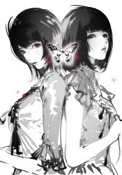  2girls absurdres amakura_mayu amakura_mio back-to-back bob_cut breasts bug butterfly chinese_commentary commentary_request fatal_frame fatal_frame_ii:_crimson_butterfly from_side greyscale hand_on_own_chest hands_up highres light_particles looking_at_viewer looking_to_the_side medium_breasts monochrome multiple_girls parted_lips red_eyes ringo_duckkk shirt short_hair short_sleeves siblings simple_background sisters sketch spot_color three-quarter_sleeves twins upper_body variant_set white_background 