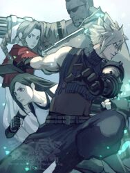  2boys 2girls 5tatsu aerith_gainsborough arm_cannon armor baggy_pants bare_shoulders barret_wallace black_gloves black_hair blonde_hair braid braided_ponytail brown_hair brown_vest buster_sword cloud_strife commentary_request dark-skinned_male dark_skin dress elbow_gloves feet_out_of_frame fighting_stance final_fantasy final_fantasy_vii final_fantasy_vii_remake fingerless_gloves gloves hair_ribbon highres holding holding_staff holding_sword holding_weapon jacket long_hair looking_to_the_side multiple_boys multiple_girls pants pink_dress pink_ribbon ponytail red_eyes red_jacket ribbed_sweater ribbon short_hair shoulder_armor sleeveless sleeveless_turtleneck spiky_hair staff sunglasses sweater sword tank_top tifa_lockhart turtleneck turtleneck_sweater vest weapon white_tank_top 