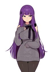  1girl absurdres black_bow black_pantyhose blunt_bangs blush bow clothing_cutout commentary dress english_commentary fern_(sousou_no_frieren) grey_dress grey_sweater highres long_hair long_sleeves looking_to_the_side multiple_hair_clips pantyhose purple_hair short_dress shoulder_cutout sleeves_past_wrists smile solo sousou_no_frieren sweater sweater_dress twitter_username violet_eyes vivianvalenart 