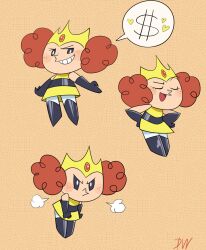  1girl afro_puffs angry black_boots black_eyes black_gloves boots child commentary crown dishwasher9 dress elbow_gloves english_commentary floating freckles frown gem gloves gold_crown hands_on_own_hips initial knee_boots levitation multiple_expressions multiple_views open_hand open_mouth orange_background orange_hair pantyhose pout powerpuff_girls princess_morbucks red_gem short_dress sleeveless smile smug solo teeth toon_(style) twintails v-shaped_eyebrows white_pantyhose yellow_dress 