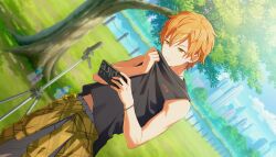  1boy bare_arms bare_shoulders black_tank_top blonde_streaks blue_skirt bottle bracelet building cellphone closed_mouth clothes_around_waist clouds colorful_palette cowboy_shot day dot_nose dutch_angle ear_piercing earrings game_cg green_eyes grey_pants hand_up highres holding holding_phone jacket jacket_around_waist jewelry looking_at_phone looking_down male_focus multicolored_hair necklace official_art orange_hair outdoors pants phone phone_stand piercing plaid_clothes plaid_jacket project_sekai river shinonome_akito short_hair show_'em_what's_up!_(project_sekai) skirt sky smartphone solo split_mouth standing streaked_hair sweat tank_top third-party_source tree upper_body water_bottle yellow_jacket 