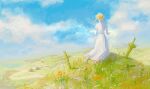  1girl 31tamagokake580 ahoge artoria_pendragon_(fate) barefoot blonde_hair blue_flower braid braided_bun clouds cross day dress excalibur_(fate/stay_night) facing_away fate/grand_order fate/stay_night fate_(series) flower from_behind full_body grass hair_bun highres hill holding holding_sword holding_weapon house juliet_sleeves kneeling lake light_particles long_sleeves orange_flower outdoors planted planted_sword puffy_sleeves saber sidelocks single_hair_bun solo sword weapon white_dress white_flower 