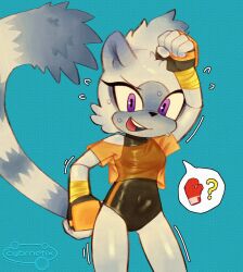  1girl ? animal_ears animal_nose arm_up artist_name bare_shoulders black_gloves black_one-piece_swimsuit blue_background blue_fur body_fur boxing_gloves breasts casual_one-piece_swimsuit clenched_hand clenched_hands covered_navel cowboy_shot crop_top cybrnetix fingerless_gloves flying_sweatdrops furry furry_female gloves grey_fur grey_hair hand_on_own_hip hand_up happy highres looking_at_viewer medium_breasts motion_lines navel nervous off-shoulder_shirt off_shoulder one-piece_swimsuit open_mouth orange_gloves orange_shirt patreon_logo polka_dot polka_dot_background see-through_clothes see-through_shirt shiny_clothes shiny_skin shirt short_hair short_sleeves simple_background single_bare_shoulder small_breasts smile solo sonic_(series) sonic_the_hedgehog_(idw) speech_bubble spoken_object spoken_question_mark standing striped_tail sweat swimsuit swimsuit_under_clothes tail tangle_the_lemur teeth thighs trembling twitter_username two-tone_fur v-shaped_eyebrows violet_eyes white_fur yellow_gloves 