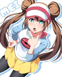  1girl blue_eyes brown_hair character_name double_bun drop_shadow dutch_angle hair_bun hand_on_own_chin hand_on_own_hip highres looking_at_viewer minbro_(jhhv3732) open_mouth pantyhose pantyhose_under_shorts pokemon pokemon_black_2_and_white_2 raglan_sleeves rosa_(pokemon) shorts visor_cap 