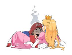  1boy 1girl :o @_@ artist_name blonde_hair blue_overalls boy_on_top brown_hair commentary_request crown dress earrings elbow_gloves facial_hair gloves gold_crown hat high_heels highres jewelry korean_commentary long_hair lying mario mustache on_back overalls pink_dress princess_peach puffy_short_sleeves puffy_sleeves red_hat red_shirt shirt short_sleeves smoke sphere_earrings ssuregigame super_mario_bros. sweatdrop white_background white_gloves 