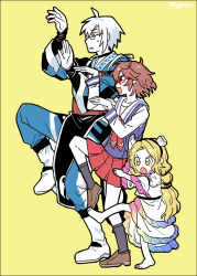  1boy 2girls barefoot black_choker black_hairband black_socks blonde_hair boots brown_hair brown_shoes choker commentary dress frilled_sleeves frills full_body glasses grey_hair hair_ornament hairband height_difference leg_up long_hair morichika_rinnosuke multiple_girls open_mouth pleated_skirt posing purple_vest re_ghotion red-framed_eyewear red_skirt shell shell_hair_ornament shirt shoes simple_background skirt smile socks standing standing_on_one_leg sweatdrop toes touhou untranslatable_commentary usami_sumireko very_long_hair vest watari_nina white_boots white_dress white_shirt yellow_background yellow_eyes 