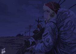 1girl armored_personnel_carrier armored_vehicle artist_name assault_rifle backpack bag beanie blonde_hair cable callsign:_cedar character_request commentary earphones english_commentary fictional_armored_vehicle from_side grass gun hat holding holding_weapon imponte1232 jacket kalashnikov_rifle looking_up motor_vehicle night rifle scope solo weapon white_jacket 