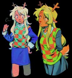  1girl absurdres animal_ears antlers arms_behind_back black_background black_shirt black_skirt blonde_hair checkered_sweater_vest collared_shirt commentary cropped_legs deer_antlers deer_ears deer_girl deer_tail deltarune english_commentary goomyloid green_sweater_vest hand_on_own_hip highres horns noelle_holiday shirt skirt smile sweater_vest tail utdr_(toby_fox) 