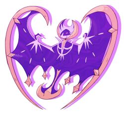  bat_(animal) closed_mouth commentary english_commentary fangs flying full_body highres looking_at_viewer lunala no_humans pokemon pokemon_(creature) pokemon_focus simple_background skin_fangs solo sunnydr0pdraws white_background 