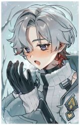  1boy absurdres black_gloves blue_eyes blush branch breath commentary_request earrings fur-trimmed_jacket fur_trim genshin_impact gloves grey_hair hair_between_eyes highres illuga_(genshin_impact) jacket jewelry long_sleeves male_focus mole mole_under_eye mt_gnsn open_clothes open_jacket open_mouth scar scar_on_neck single_earring snowing solo turtleneck upper_body warming_hands 