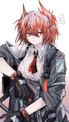  1girl absurdres arknights ascot black_gloves black_jacket buttons closed_mouth collared_shirt commentary commission fiammetta_(arknights) gloves gradient_background grey_hair hair_between_eyes highres jacket looking_at_viewer moume_a notice_lines orange_background orange_eyes orange_gloves orange_hair red_ascot shirt short_hair skeb_commission solo star_(symbol) thank_you white_background white_shirt 