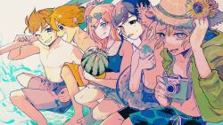  1girl 4boys :p aubrey_(faraway)_(omori) aubrey_(omori) bare_shoulders barefoot basil_(faraway)_(omori) basil_(omori) black_hair blonde_hair blue_eyes bright_pupils brown_hair camera colored_tongue crop_top cup eyewear_on_head flower food fruit green_jacket grin hair_between_eyes hand_on_headwear hat heart heart-shaped_eyewear hero_(faraway)_(omori) hero_(omori) highres holding holding_cup holding_food innertube jacket jewelry kel_(faraway)_(omori) kel_(omori) leaf_print long_hair looking_at_viewer male_swimwear midriff milkymilkyshark multiple_boys navel necklace no_nipples omori one_eye_closed open_clothes open_jacket open_mouth pastel_colors pink_hair pink_ribbon ribbon shaved_ice shell shell_necklace shorts sideways sleeves_rolled_up smile straw_hat sunflower sunny_(omori) sweat swim_ring swim_trunks teeth tongue tongue_out topless_male torn_clothes torn_shorts unzipped upper_teeth_only v-shaped_eyebrows water watermelon white_pupils 