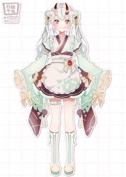  1girl :t absurdres alternate_costume apron commentary_request double_bun fang food frills fruit full_body green_hair hair_between_horns hair_bun hair_ornament highres hololive horns legband long_hair long_sleeves looking_at_viewer maid_headdress multicolored_hair nakiri_ayame oni red_eyes satsuki_(pixiv_742410) simple_background skin_fang solo strawberry virtual_youtuber white_apron wide_sleeves 