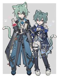  2boys anaxa_(honkai:_star_rail) animal_ears arm_up armor beaker belt black_belt black_coat black_pants black_shoes blue_hair border cat_ears cat_tail closed_mouth clunch coat collared_shirt commentary crossed_bangs eyepatch genshin_impact grey_background hand_on_own_hip highres holding holding_beaker honkai:_star_rail honkai_(series) kemonomimi_mode lohen_(genshin_impact) long_sleeves looking_at_viewer male_focus mihoyo multicolored_eyes multiple_boys one_eye_covered pants pauldrons paw_print shirt shoes shoulder_armor single_pauldron smile tail thigh_belt thigh_strap white_border white_pants white_shoes wing_collar 