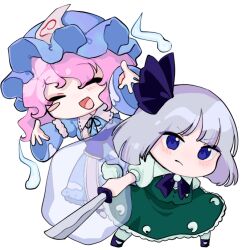  2girls blue_eyes blue_hat blue_kimono blush_stickers closed_eyes closed_mouth commentary_request deformed facing_viewer frilled_kimono frilled_skirt frills fujimugi green_skirt green_vest grey_hair hat hitodama hitodama_print holding holding_sword holding_weapon imperishable_night japanese_clothes katana kimono konpaku_youmu konpaku_youmu_(ghost) looking_at_viewer medium_hair mob_cap multiple_girls pink_hair puffy_short_sleeves puffy_sleeves saigyouji_yuyuko short_sleeves simple_background single_blush_sticker skirt skirt_set sleeve_garter smile sword touhou triangular_headpiece vest weapon white_background 