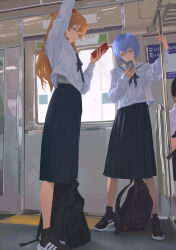  1boy 2girls absurdres ayanami_rei black_neckerchief black_shoes black_skirt blue_eyes blue_hair cellphone chinese_commentary hair_between_eyes highres holding holding_phone long_hair long_skirt multiple_girls neckerchief neon_genesis_evangelion orange_hair phone pleated_skirt red_eyes shirt shoes short_hair sitting skirt smartphone souryuu_asuka_langley train_interior white_shirt zigou 