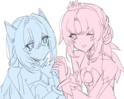  2girls bare_shoulders bracelet code:_esencia_(elsword) code:_sariel_(elsword) detached_sleeves dress eirlys_els elsword eve_(elsword) expressionless gloves hair_intakes hair_ornament head_ornament highres holding_hands jewelry long_hair looking_at_another monochrome multiple_girls one_eye_closed parted_bangs partially_colored selfcest smile spot_color tiara yuri 